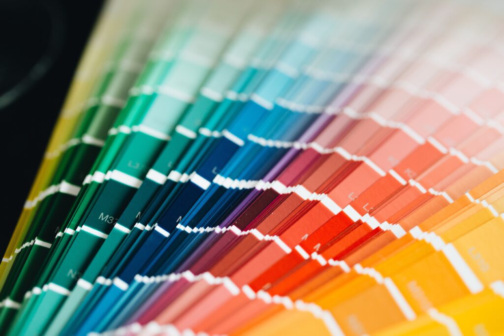 Close-up of a vibrant color palette with a rainbow spectrum of hues, perfect for design inspiration.